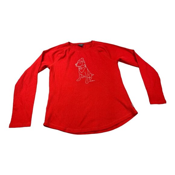 Christmas Eddie Bauer Thermal Shirt Womens Large Red Dog Graphic Long Sleeve Y2K - Picture 1 of 8